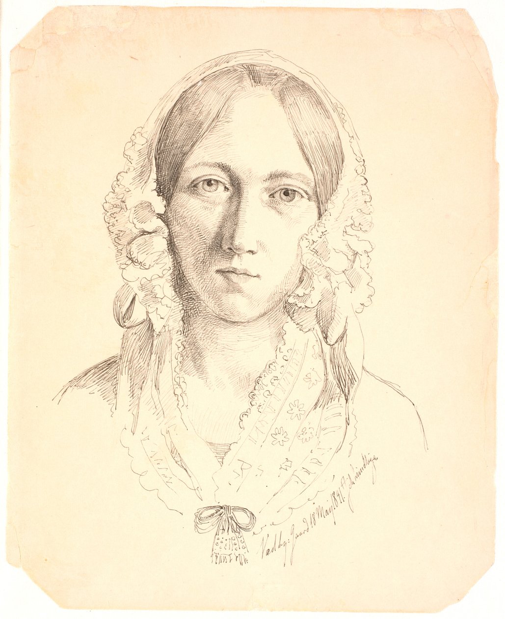 Retrato de uma jovem mulher, um rosto. Possivelmente representando Louise Marie Neergaard (1816-1895) de Johan Thomas Lundbye
