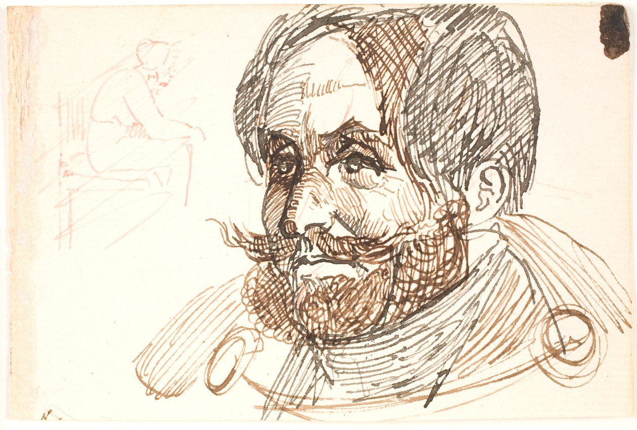 Retrato de um homem barbudo vestindo um blazer e estudo de uma mulher sentada de Johan Thomas Lundbye