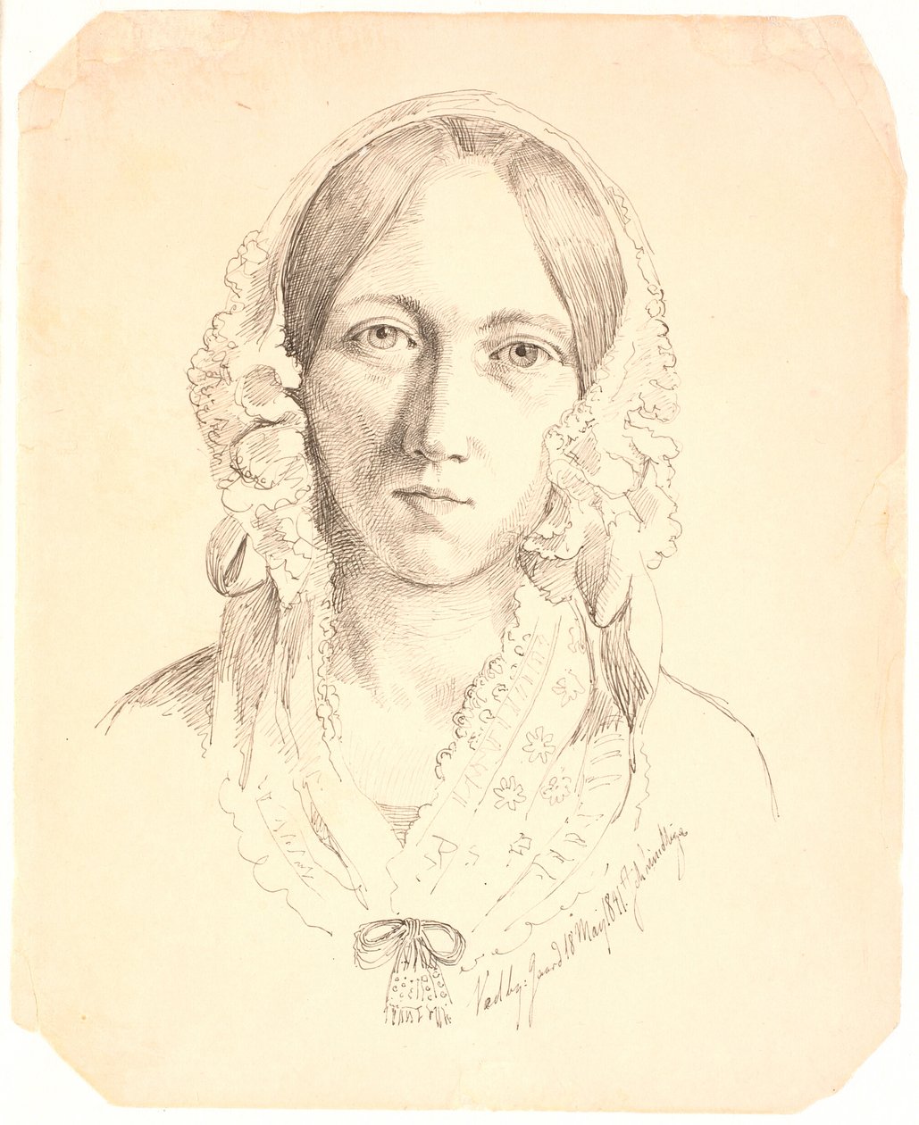 Retrato de uma jovem mulher, um rosto. Possivelmente representando Louise Marie Neergaard (1816-1895) de Johan Thomas Lundbye