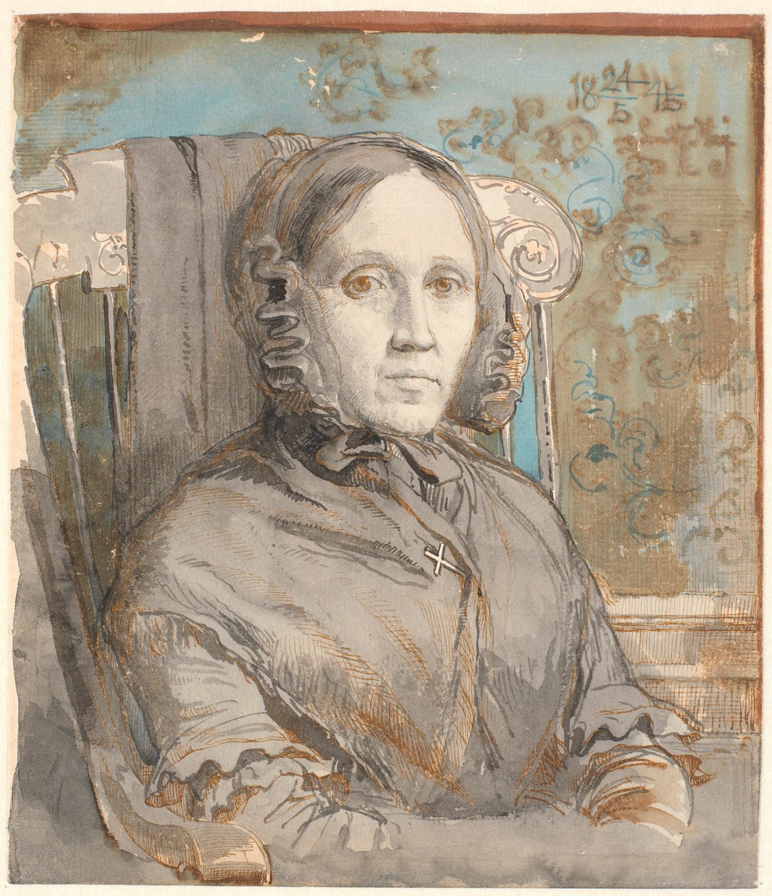 Retrato da mãe do artista, Coronel Cathrine Lundbye (nascida Bonnevie); meia figura sentada na cadeira à direita. de Johan Thomas Lundbye