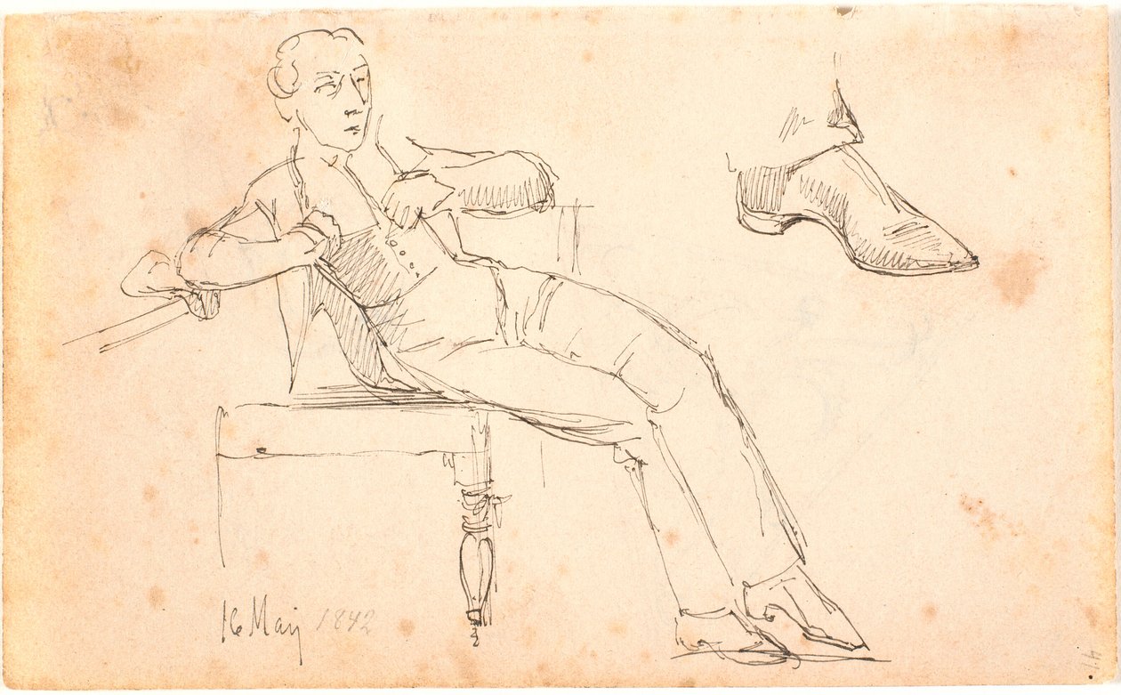 Folha de sketchbook com jovem sentado e estudo de um sapato de Johan Thomas Lundbye