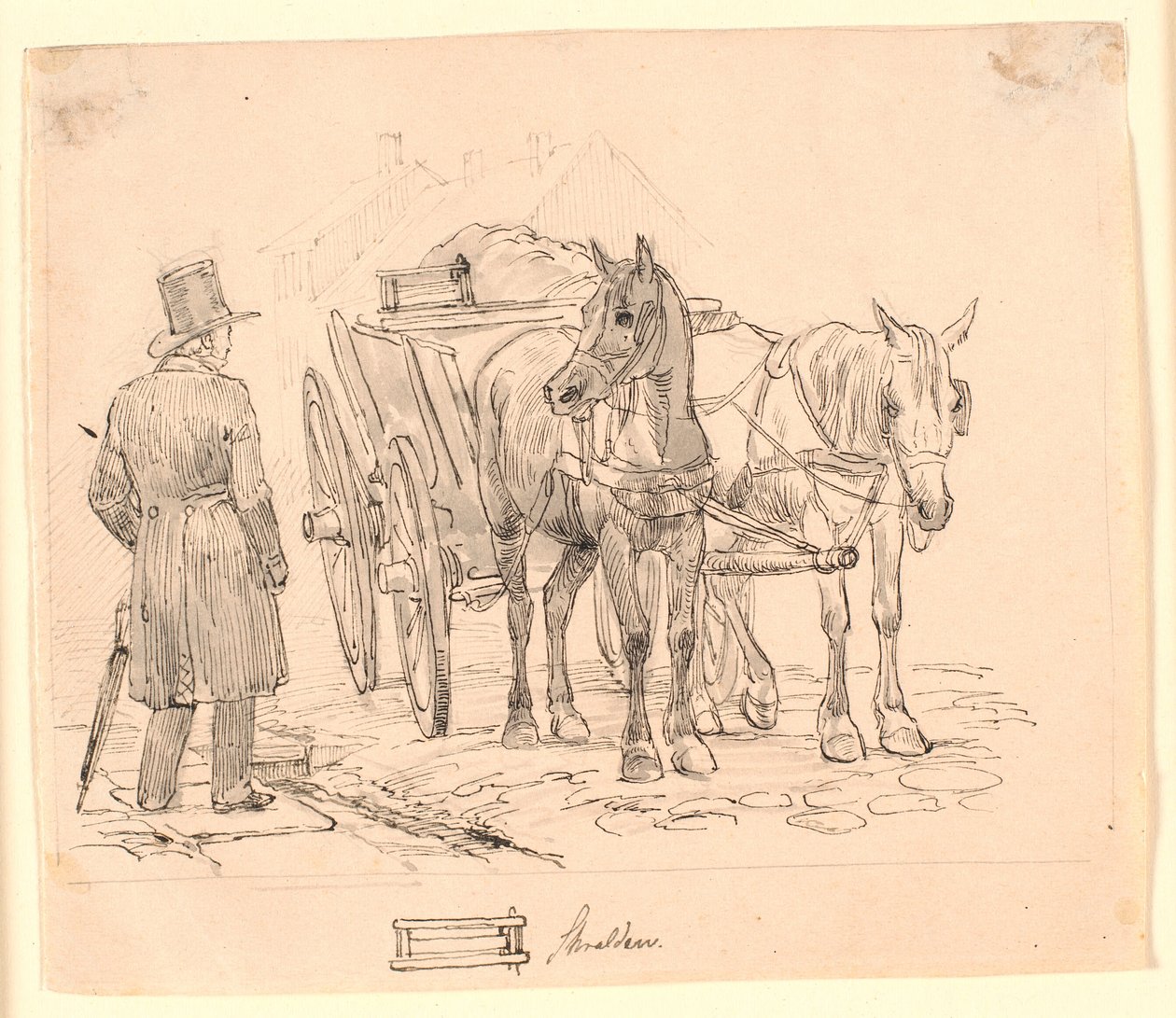 O Cavalo do Homem Lixo. F.n.m.f. desenho de uma lata de lixo. Ilustração para "Fábulas para Crianças" de Kaalund. Veja o comentário do catálogo de folhas. de Johan Thomas Lundbye