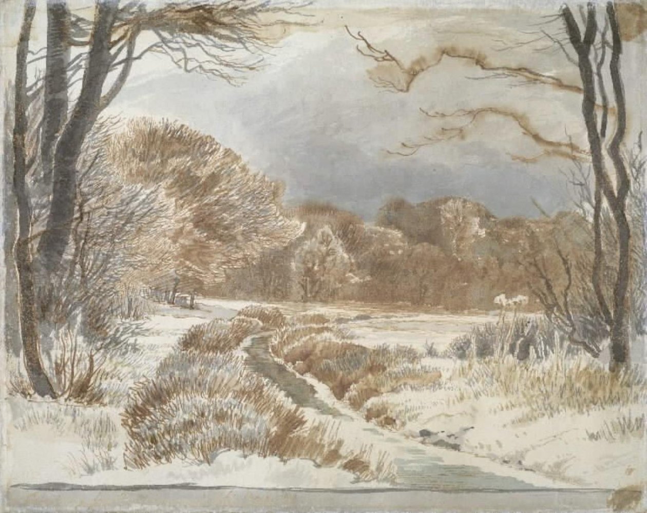 Paisagem nevada com ribeiro. Purlund e Vallø de Johan Thomas Lundbye