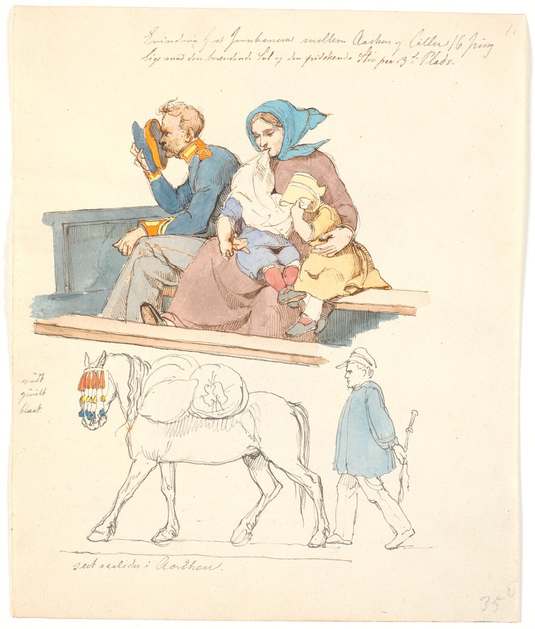 Soldado e esposa com dois filhos, sentados em um banco. f.n. um cavalo com matilha seguido por um homem de Johan Thomas Lundbye