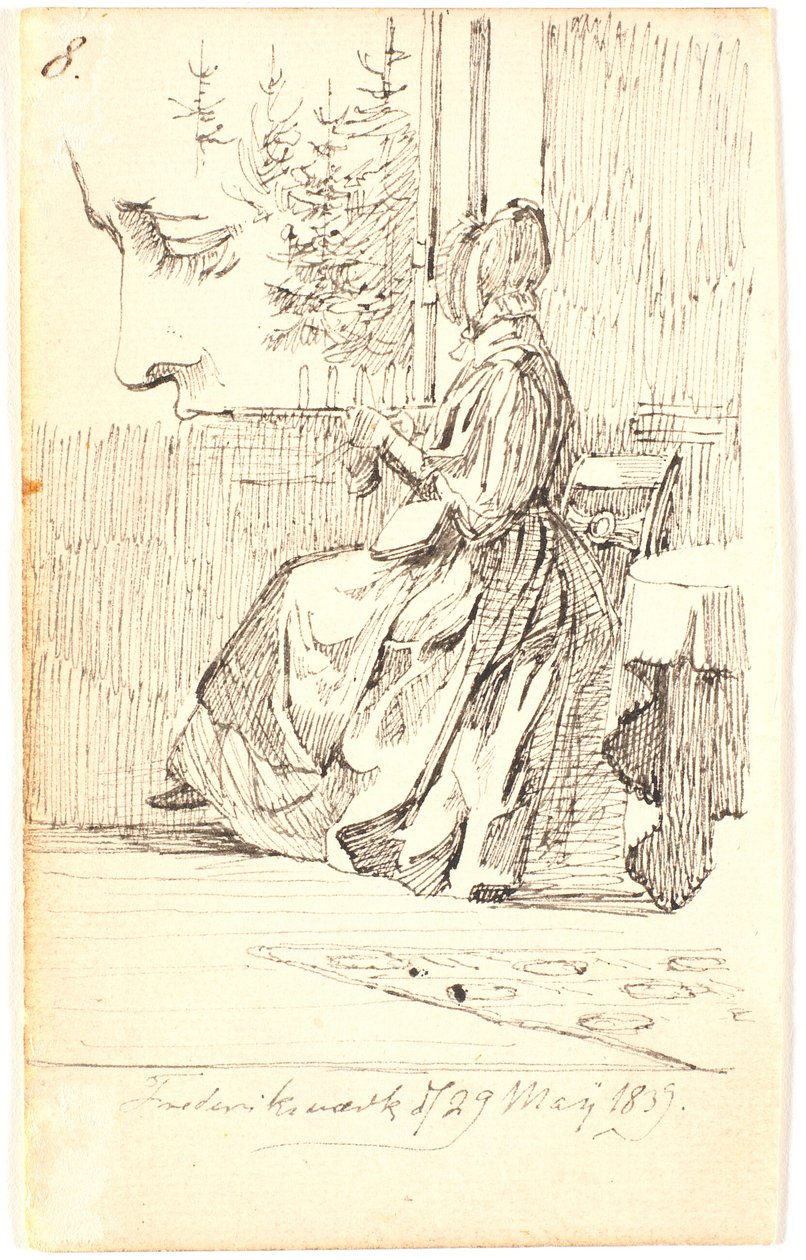 Mulher a tricotar (a mãe de Lundbye) junto a uma janela com vista para abetos, bem como um estudo de perfil de Johan Thomas Lundbye