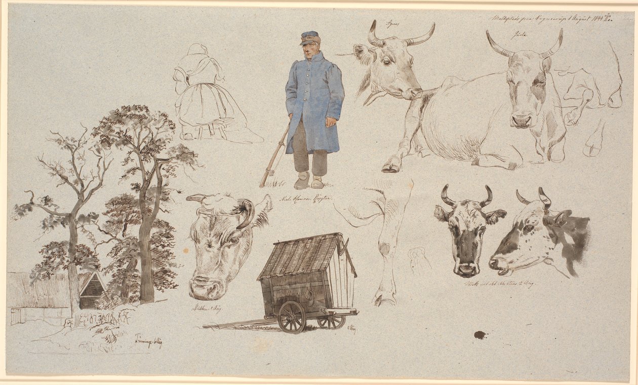 Revista de estudo do local de ordenha em Vognserup. Estudos de vacas. televisão casa de fazenda atrás de três árvores altas, no meio f.o. leiteira sentada de costas para ele e um vaqueiro de pé. f.n. uma carroça de Johan Thomas Lundbye