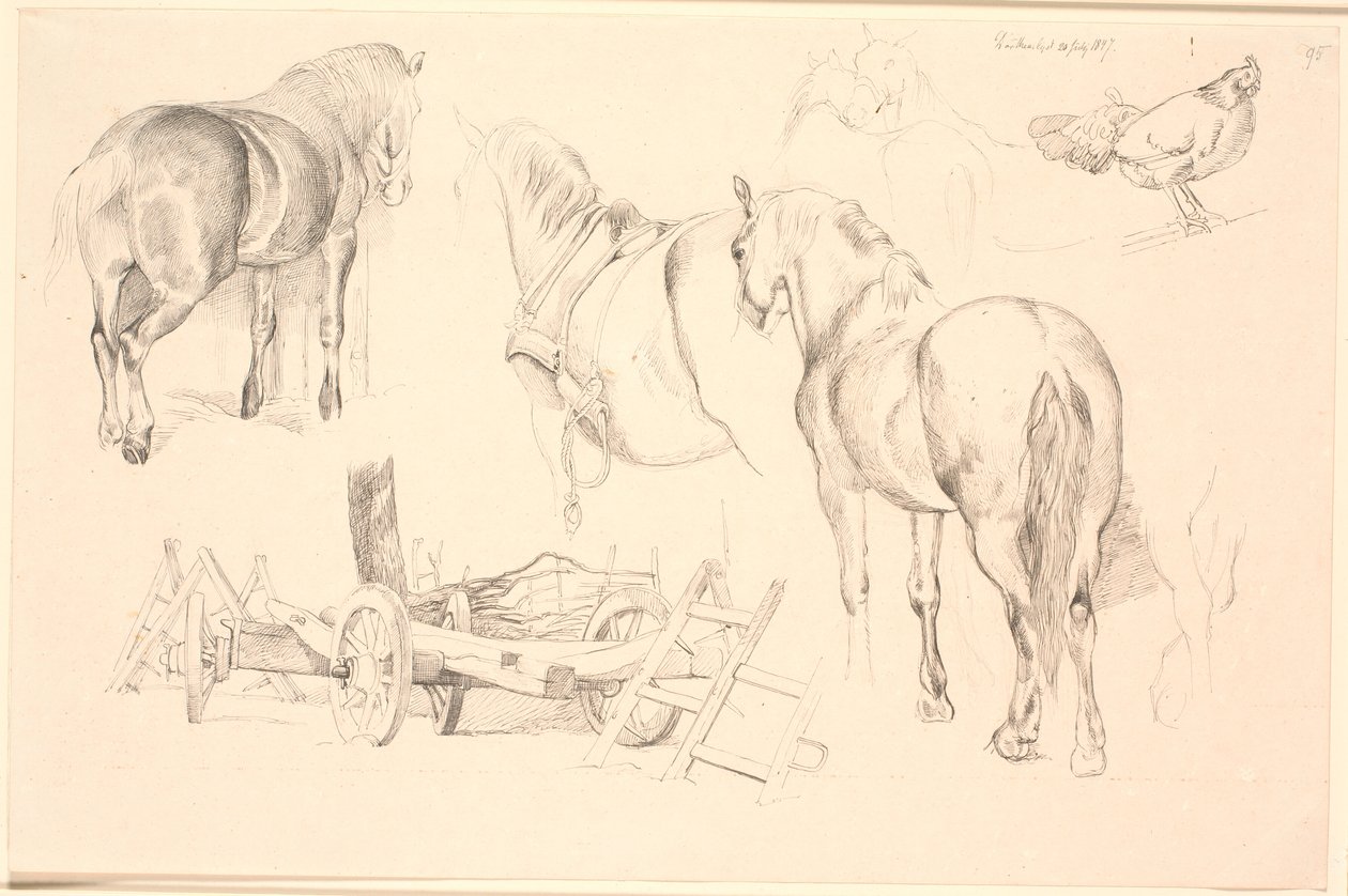 Folha de estudo com cavalos, implementos de campo e uma galinha no quadril de Johan Thomas Lundbye
