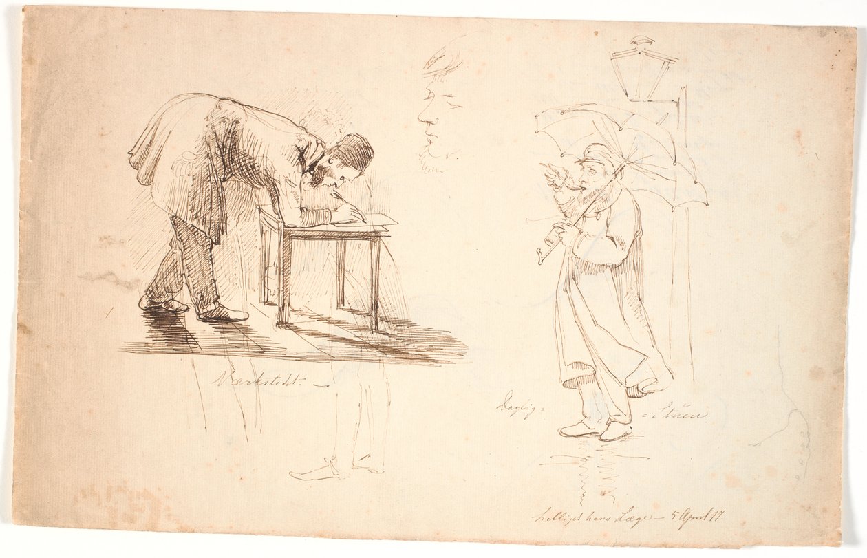 Studieblad, t.v. o próprio artista é visto, curvado, desenhando em um banquinho ou em uma mesinha. Desenhado acima de dois estudos de um oficial e um cavalheiro vestido. Ao centro, cabeça de estudo, autorretrato. º. o artista fica com um guarda-chuva na ru de Johan Thomas Lundbye