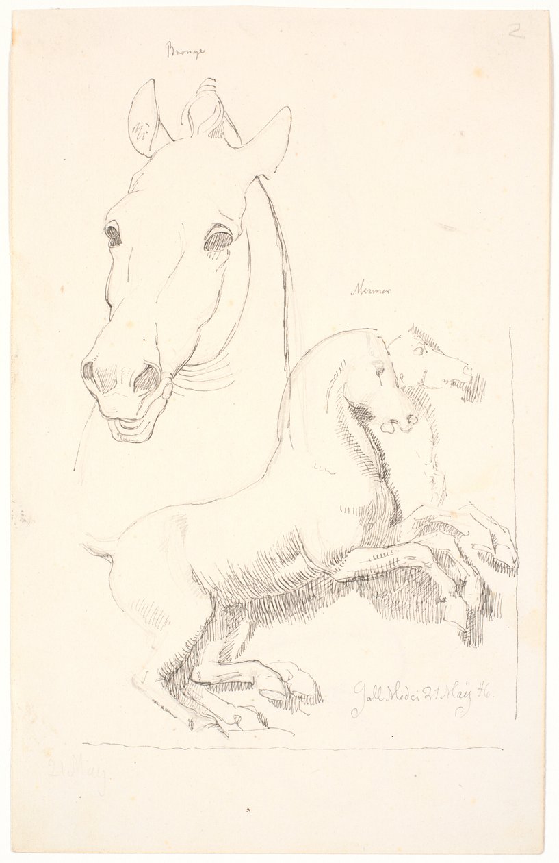 Estudos para esculturas antigas. Acima da cabeça de um cavalo, abaixo de um relevo com dois cavalos de Johan Thomas Lundbye