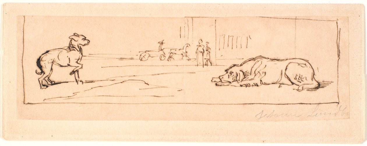 Dois cães em uma rua. Ao fundo uma carruagem e dois pedestres de Johan Thomas Lundbye