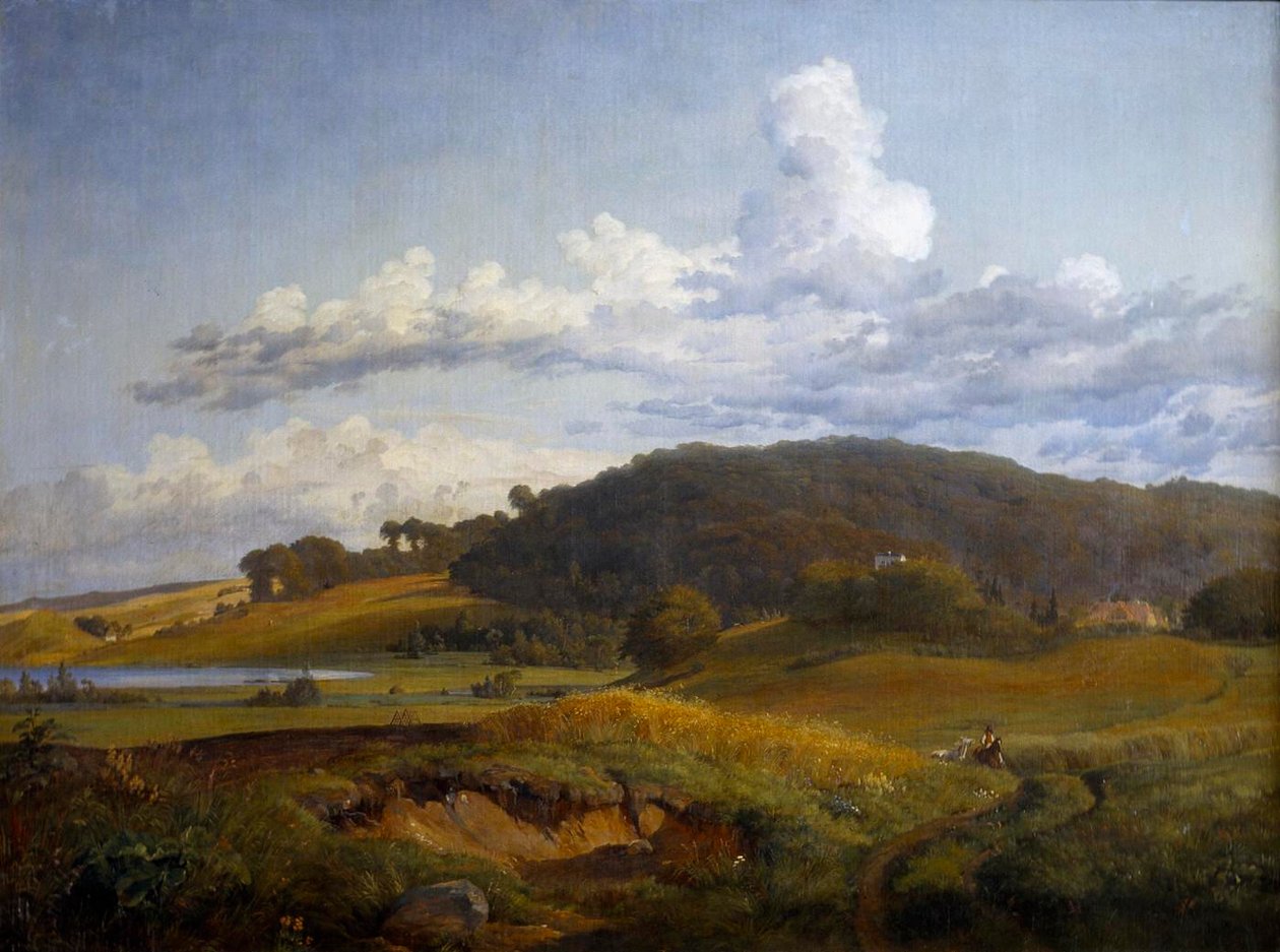Vista de Vinderød em direcção a Høbjerg, perto de Frederiksværk, com a casa dos pais de J. Th. Lundbye de Johan Thomas Lundbye