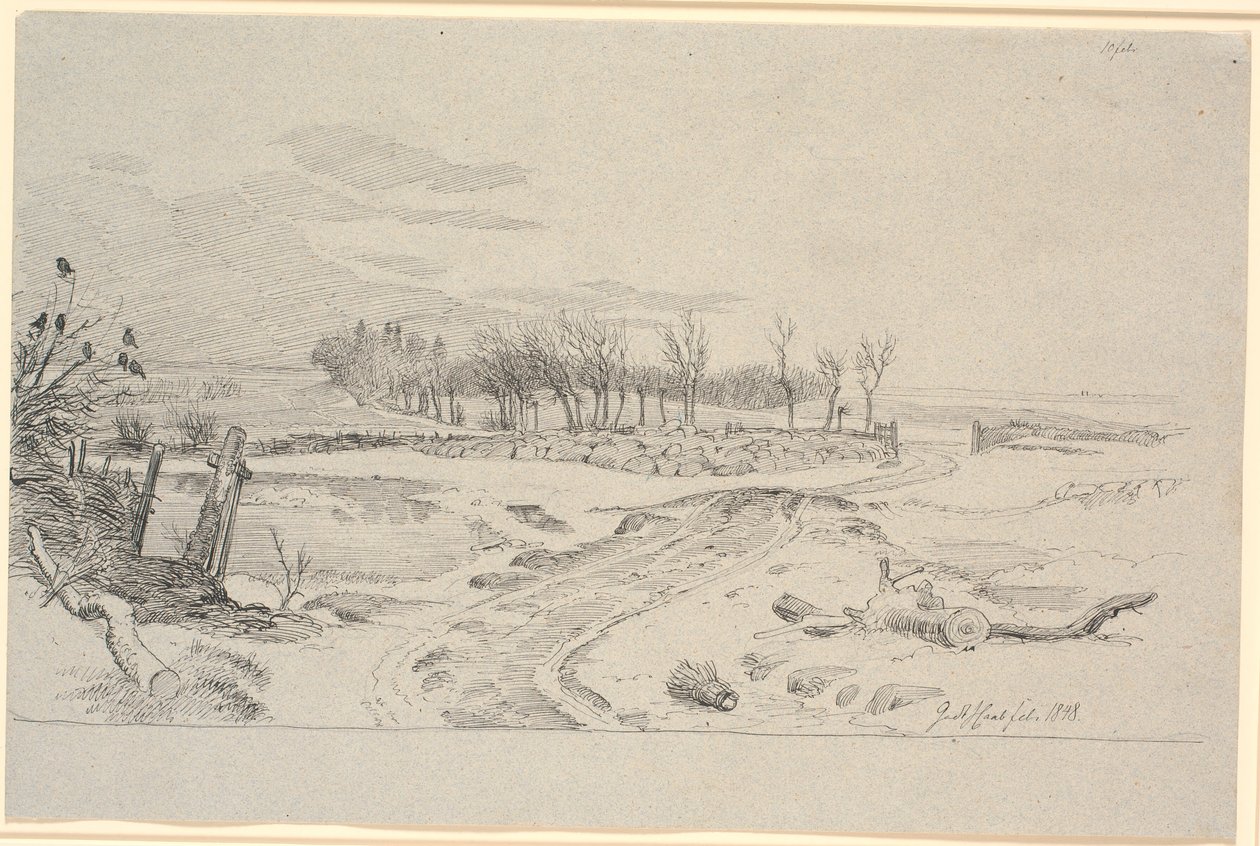 Paisagem de inverno com uma estrada que atravessa os campos através de um link em uma cerca de pedra de Johan Thomas Lundbye