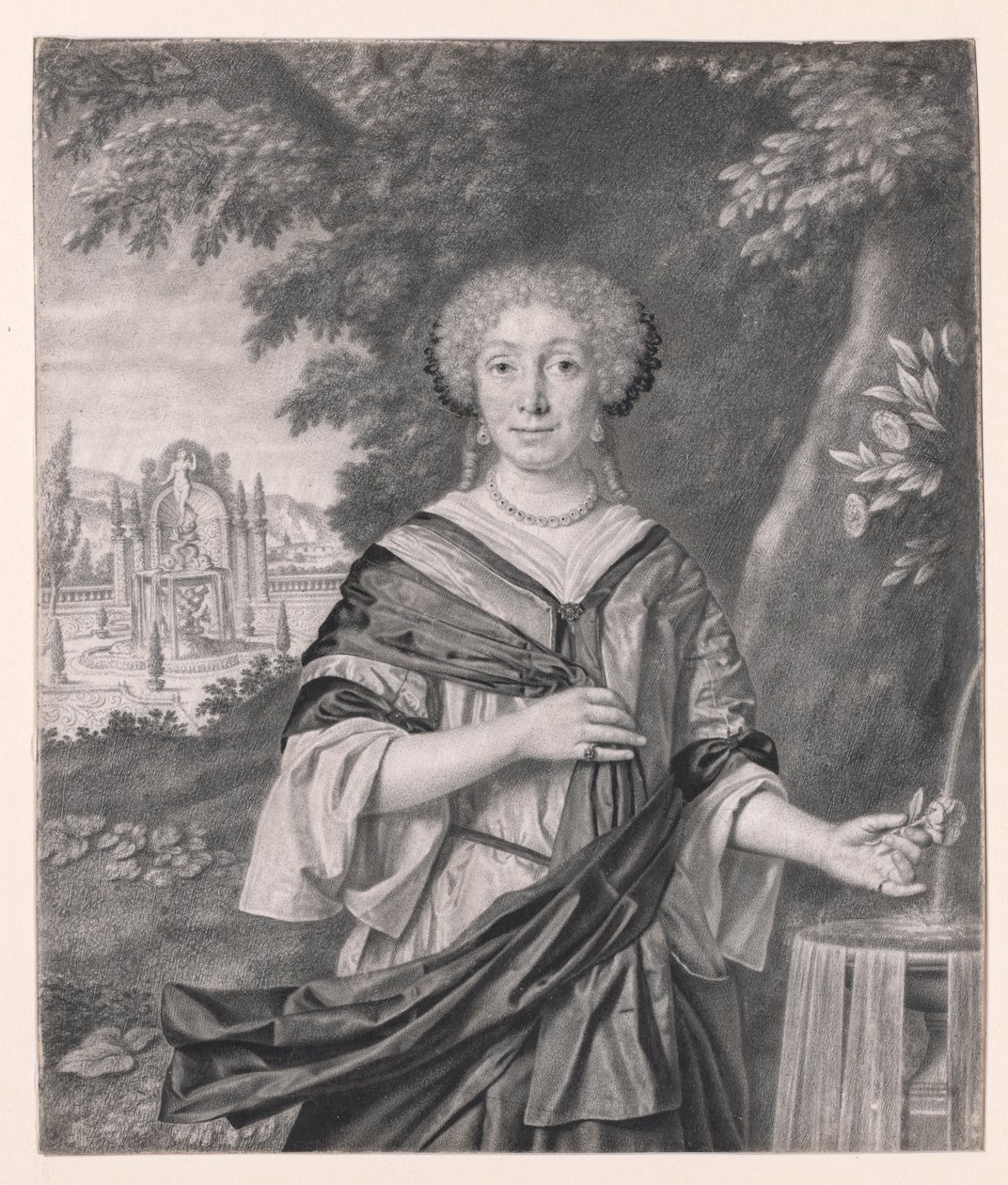 Retrato de uma mulher perto de uma fonte, uma rosa na mão de Johan Thopas