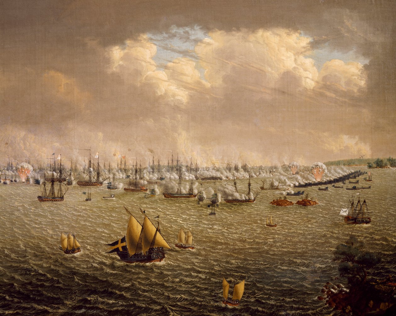 Batalha de Skargard entre as frotas sueca e russa por causa do domínio da Suécia sobre a Finlândia, 10 de julho de 1790, por Johan Tietrich Schoultz (1754-1807), guerras russo-suecas de Johan Tietrich Schoultz
