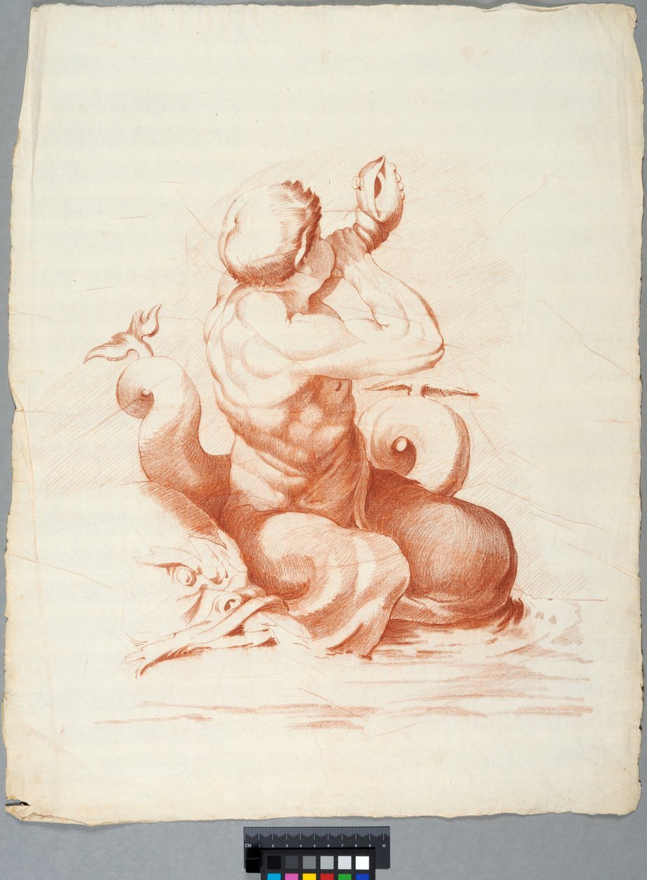 Akademiezeichnung. Detail einer Deckendekoration mit Peleus und Thetis in der Galleria Farnese, Rom, Triton bläst eine Muschel de Johan Tobias Sergel
