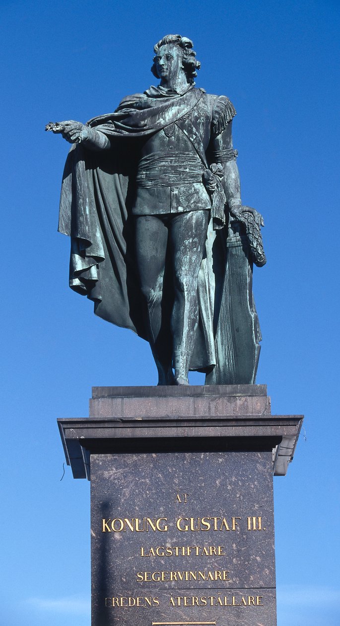 Estátua do Rei Gustav III esculpida em 1799 em memória do rei que foi assassinado em 1792, Gamla Stan (A Cidade Velha), Estocolmo, Suécia (foto) de Johan Tobias Sergel
