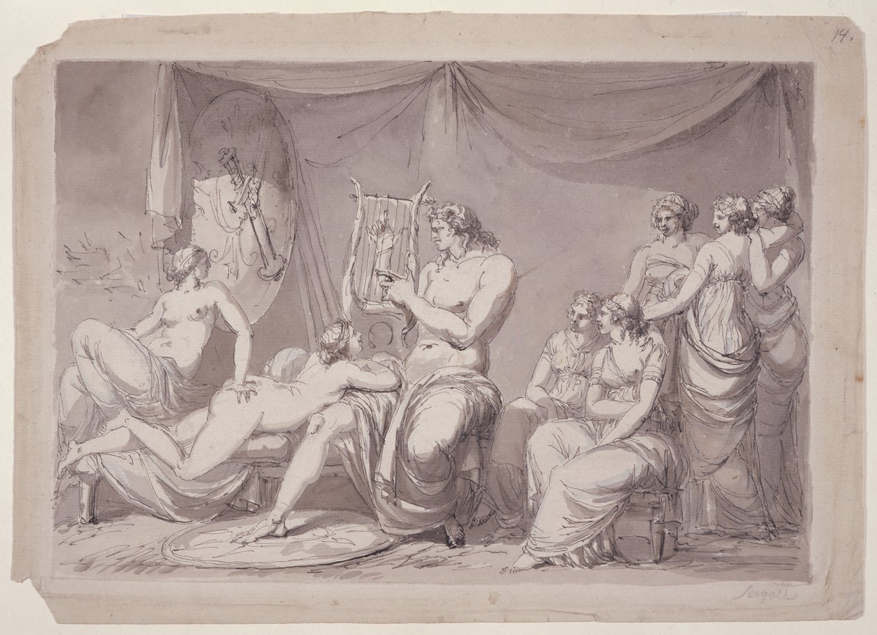 Aquiles na sua tenda com prisioneiros, c.1795-96 (caneta, tinta e aguada sobre papel) de Johan Tobias Sergell