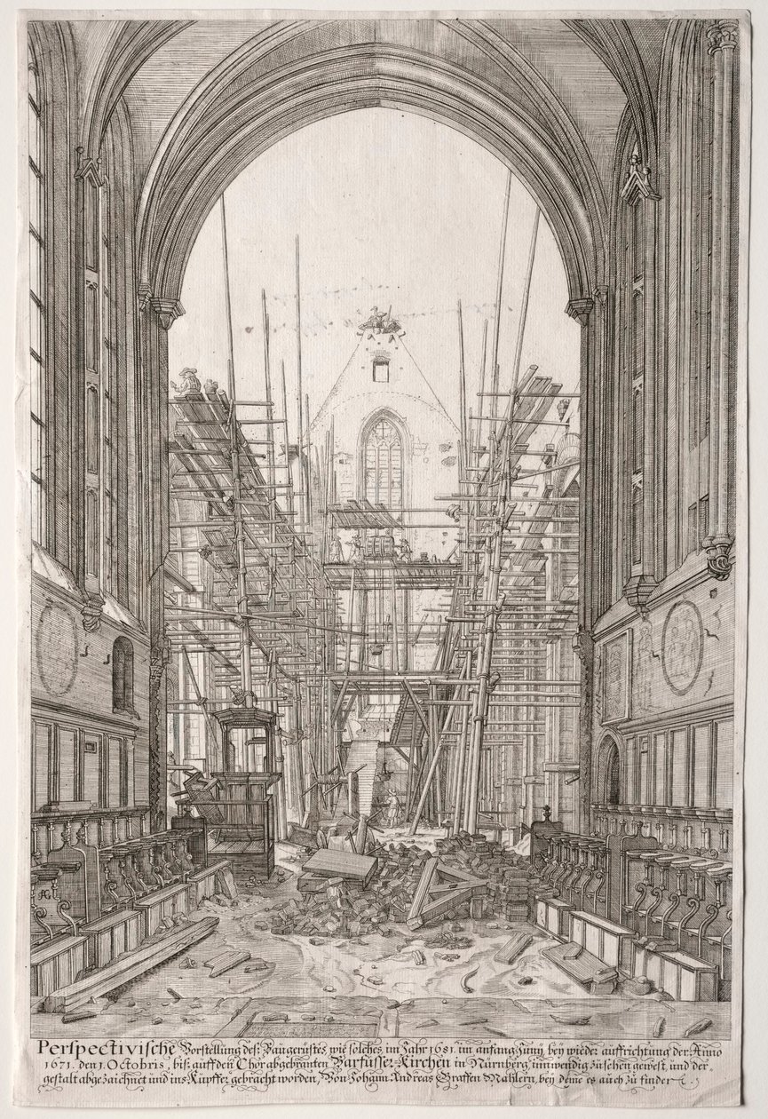 LArt Ancien Zurich: Vista na Igreja dos Franciscanos, Barfüsser-Kirke, 1681. de Johan Ulrich Krauss