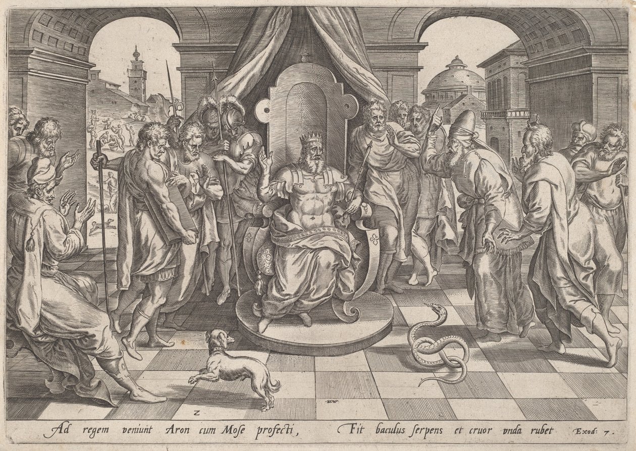 Moisés e Arão perante o Faraó de Johan Wierix, after Maarten van Cleef