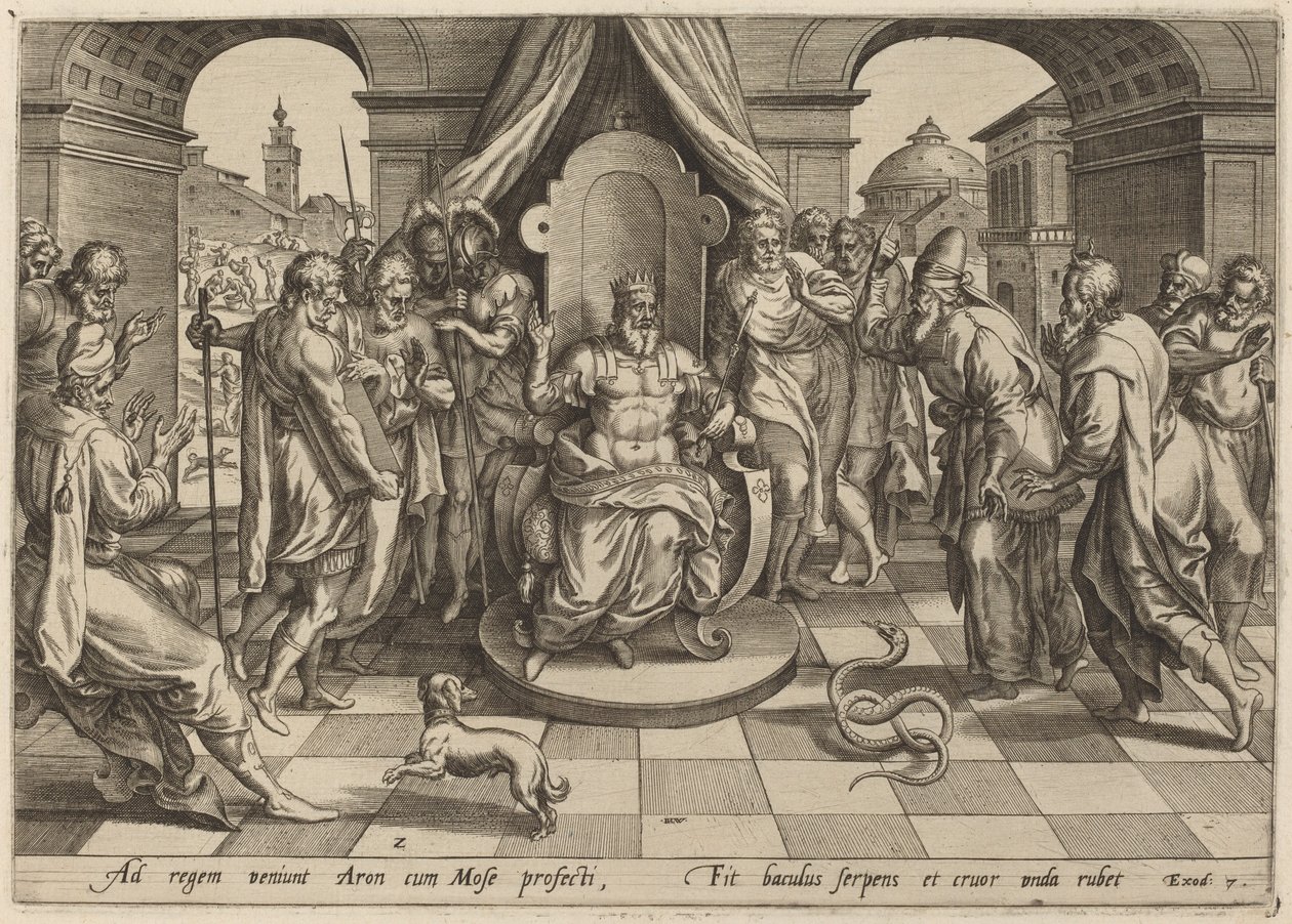 Moisés e Arão perante o Faraó de Johan Wierix, after Maarten van Cleef