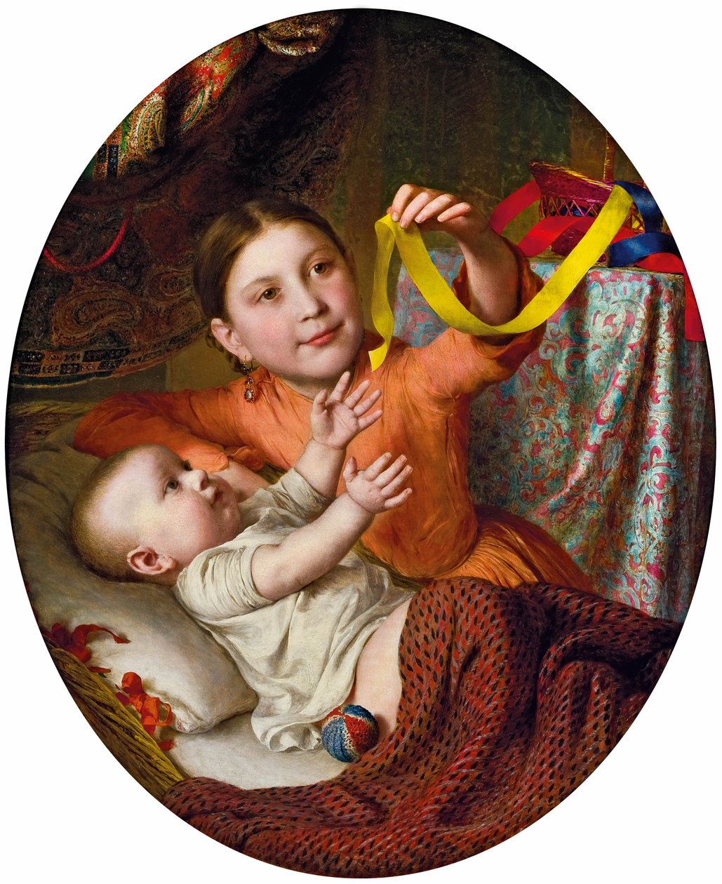 Duas crianças brincando com fitas de seda. de Johann Baptist Reiter