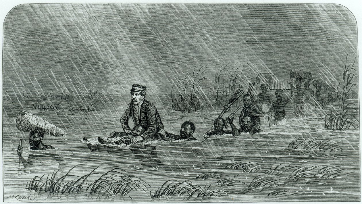 "The Main Stream Chegou à boca de Susi", de "Os últimos diários de David Livingstone na África Central de 1865 à sua morte", publicado em 1874 de Johann Baptist Zweecker