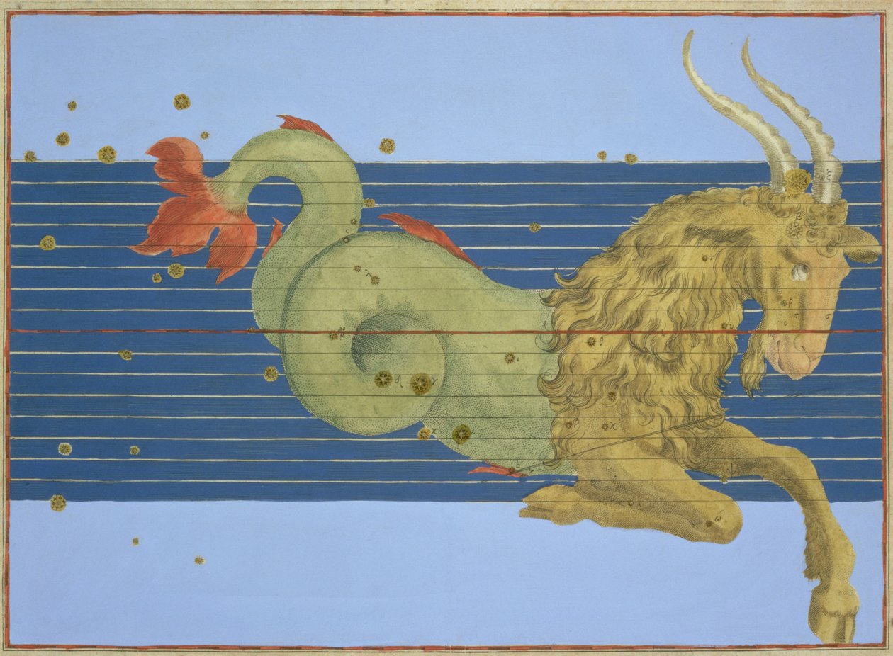 Constelação de Capricórnio, de &39;Uranometria&39; por Johann Bayer gravado por Alexander Mair (1559-c.1616) 1603 (gravura em cobre colorida à mão) de Johann Bayer