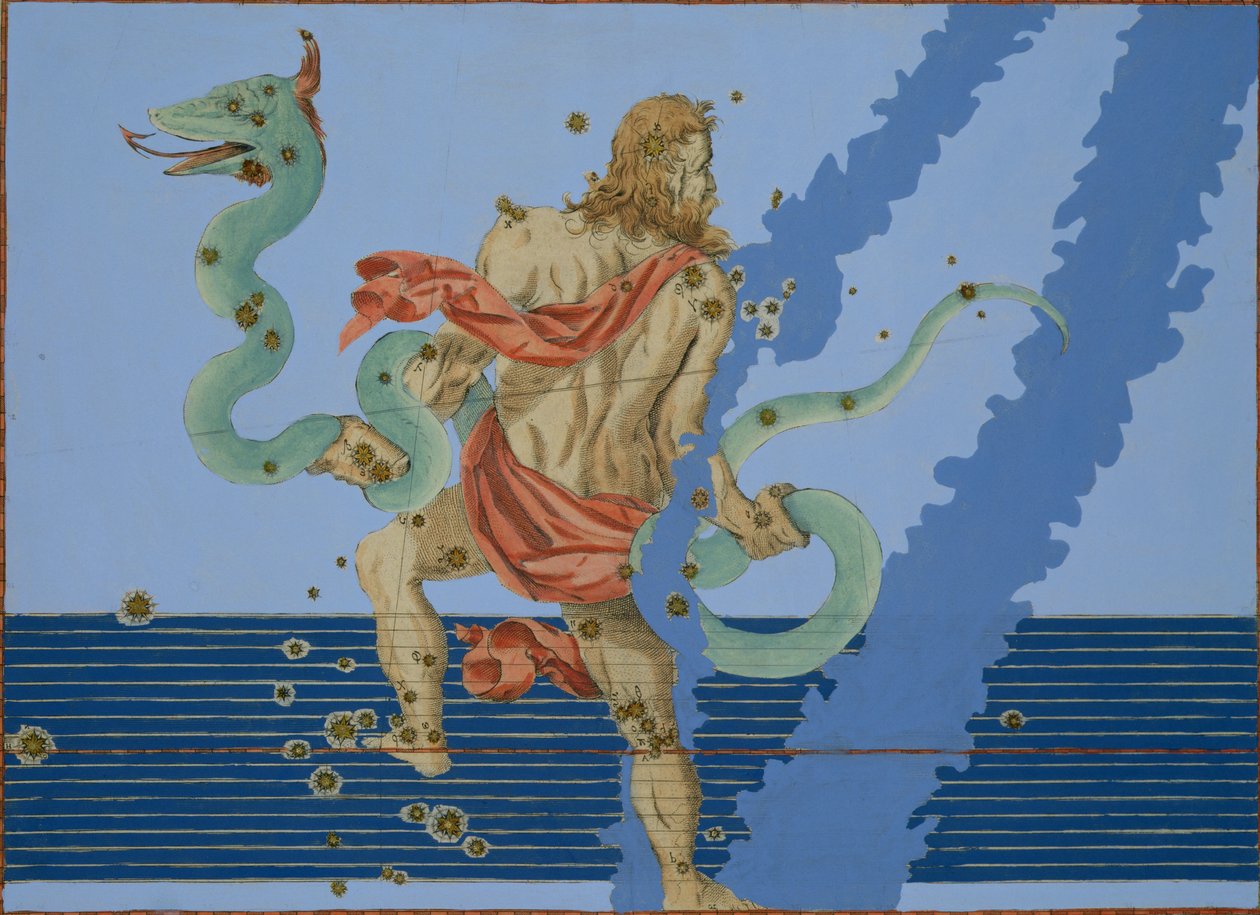 Constelação de Ophiuchus Group, de &39;Uranometria&39; de Johann Bayer, gravado por Alexander Mair (1559-c.1616) 1603 (gravura de cobre colorida à mão) de Johann Bayer