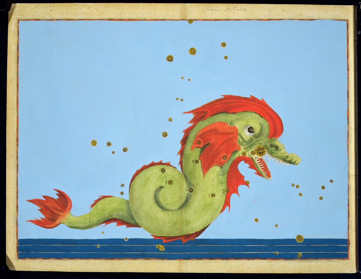 Constelação de Peixes, de &39;Uranometria&39; de Johann Bayer, gravada por Alexander Mair (1559-c.1616) 1603 (gravura de cobre colorida à mão) de Johann Bayer