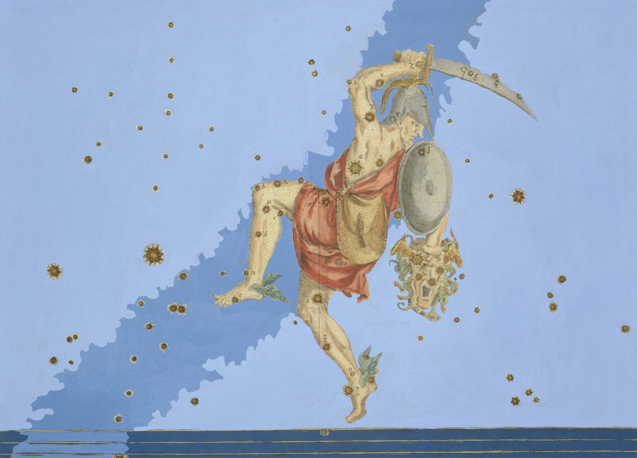 Perseu com a cabeça da Medusa, de &39;Uranometria&39; de Johann Bayer, gravado por Alexander Mair (1559-c.1616) 1603 (gravura em cobre colorida à mão) de Johann Bayer