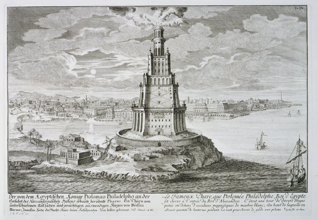 Farol em Alexandria, construído por Ptolomeu, o Grande (36-depois de 30 aC), Egito, de &39;Entwurf einer historischen Architektur&39;, gravado por Johann Adam Delsenbach (1687-1765) 1721 de Johann Bernhard Fischer von Erlach