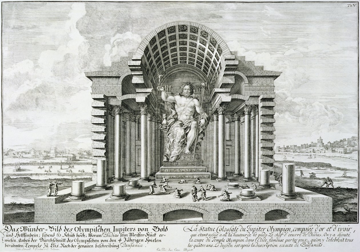 Estátua de Zeus Olímpico, feita por Fídias em ouro e marfim, desenhada após a descrição exata de Pausânias (143-176 dC), de &39;Projeto de uma arquitetura histórica&39;, 1721 de Johann Bernhard Fischer von Erlach