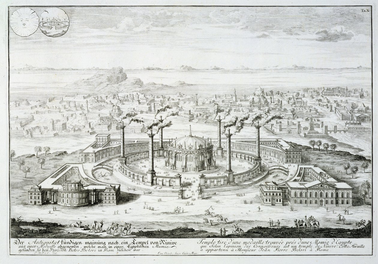 Templo copiado de um desenho de uma medalha encontrada ao lado de uma múmia egípcia, de &39;Entwurf einer historischen Architektur&39;, 1721 de Johann Bernhard Fischer von Erlach