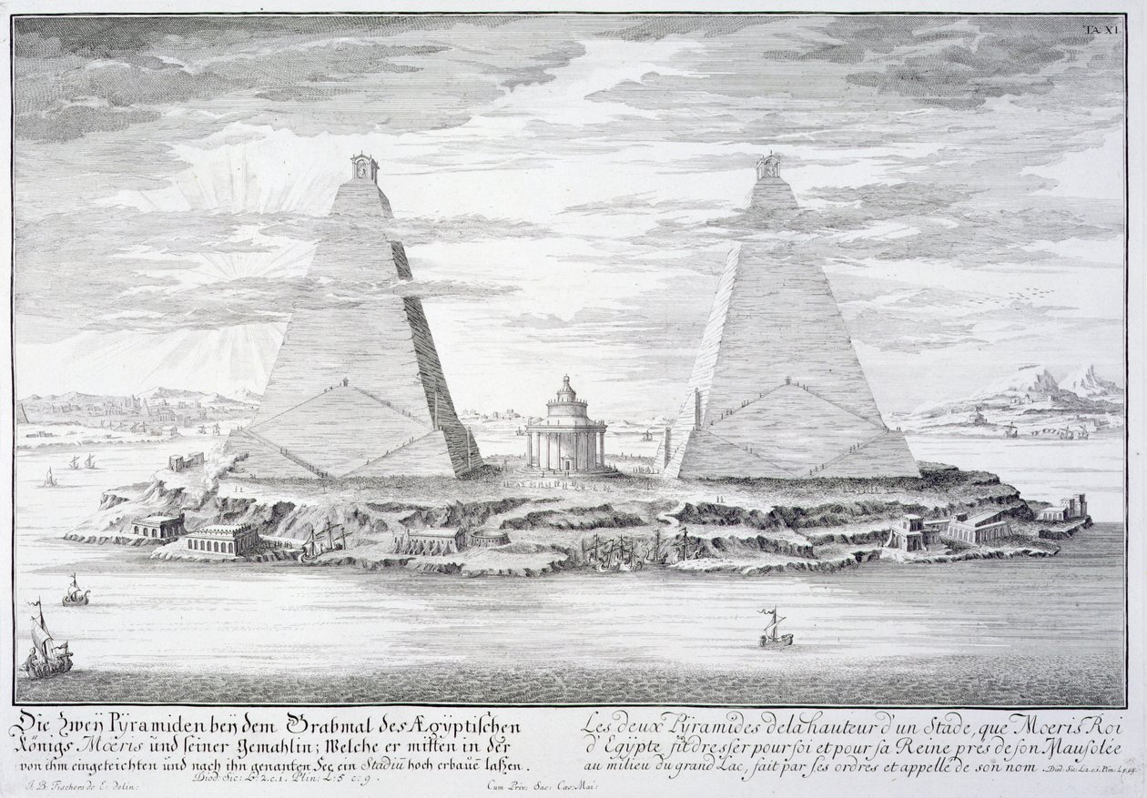 As Duas Pirâmides de Moeris, Rei do Egito e sua Esposa, prato 11 de &39;Entwurf einer historischen Architektur&39;, gravado por Johann Adam Delsenbach (1687-1765) 1721 de Johann Bernhard Fischer von Erlach