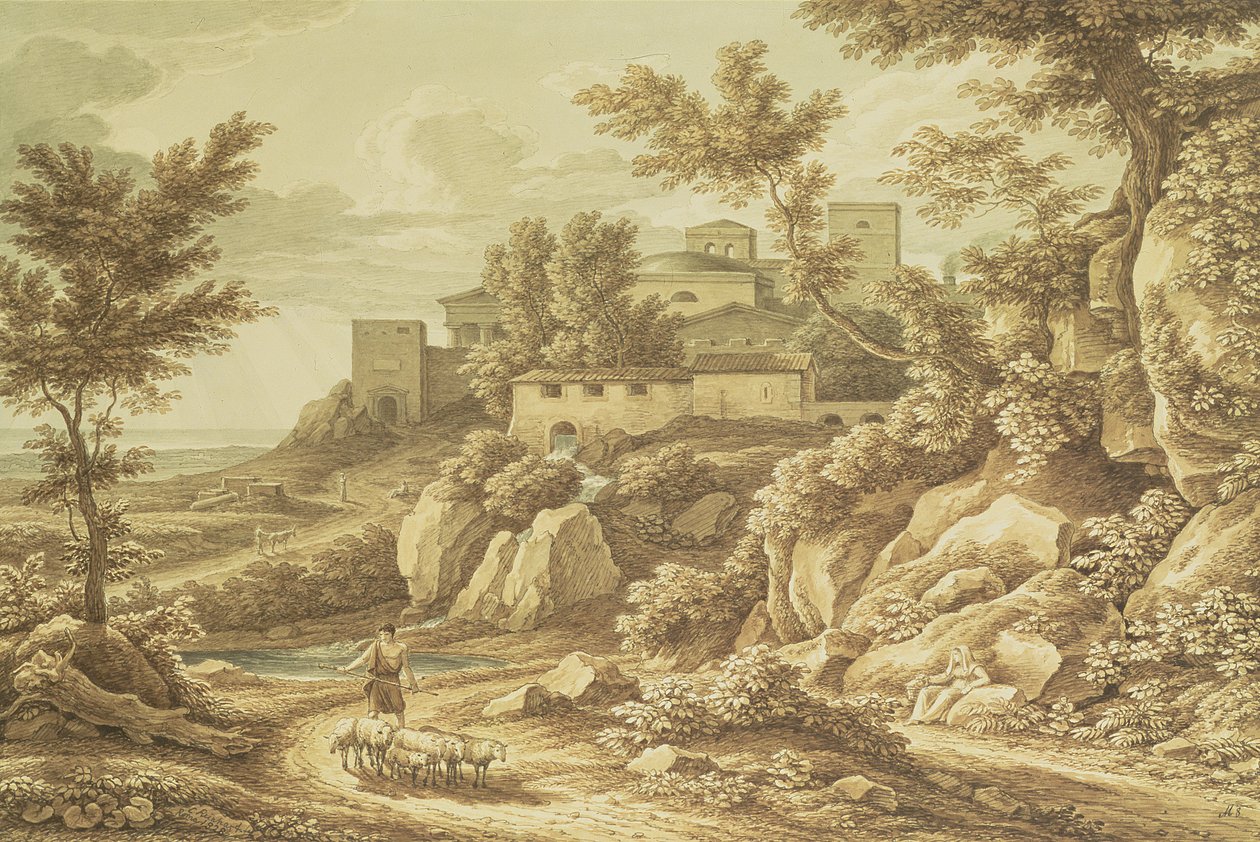 Paisagem Clássica com Pastor, 1828 (caneta e tinta, lavar, lápis e wc) de Johann Christian Reinhart