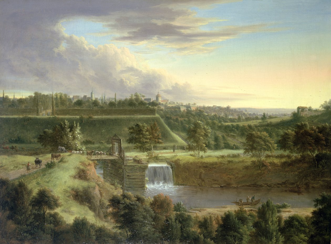 Paisagem do rio por uma cidade murada, provavelmente Sachausen de Johann Christian Vollerdt or Vollaert
