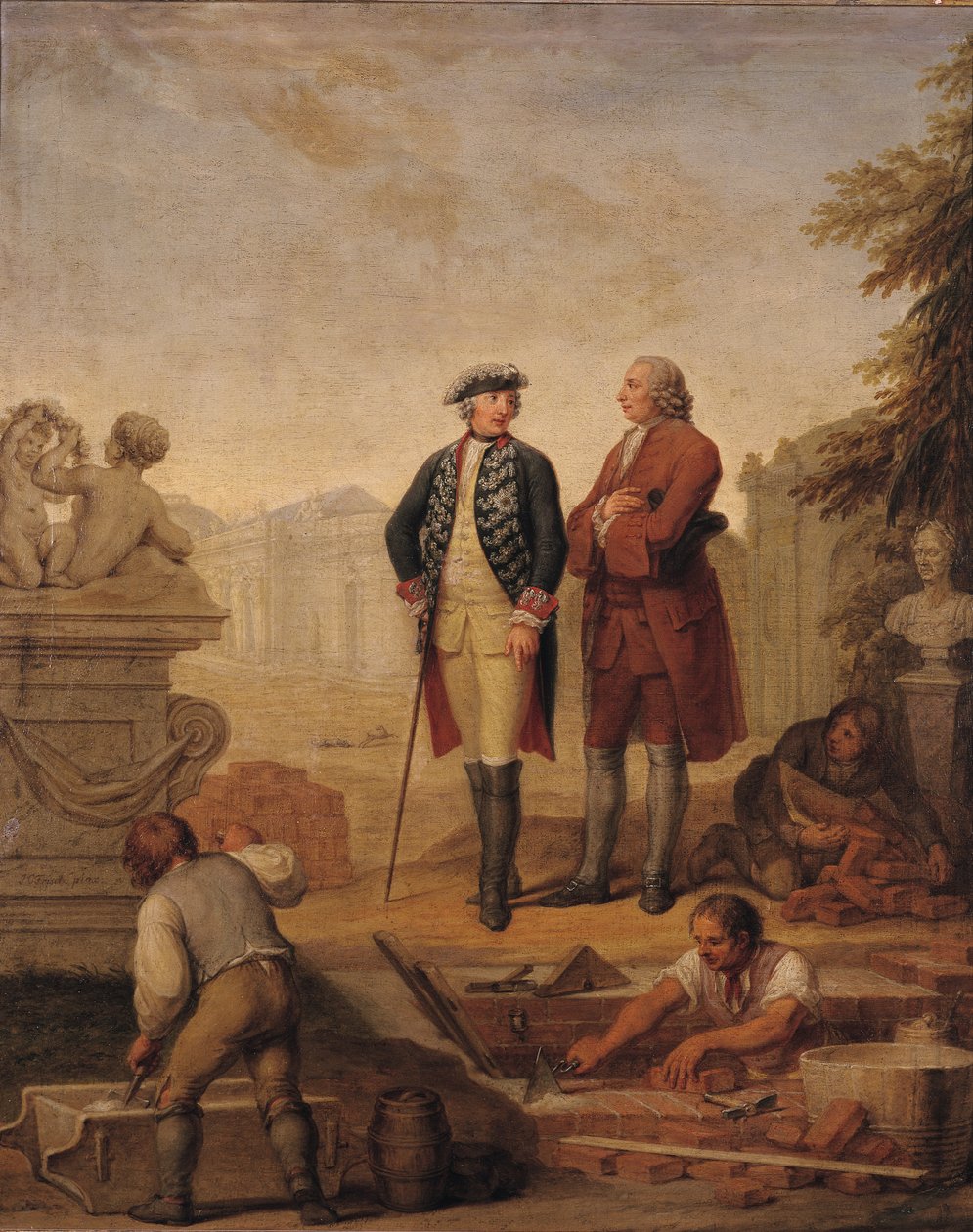 Rei Frederico II da Prússia (1712-86) e o Marquês de Argens (1704-1771) inspecionando a construção de Sanssouci em Potsdam de Johann Christoph Frisch