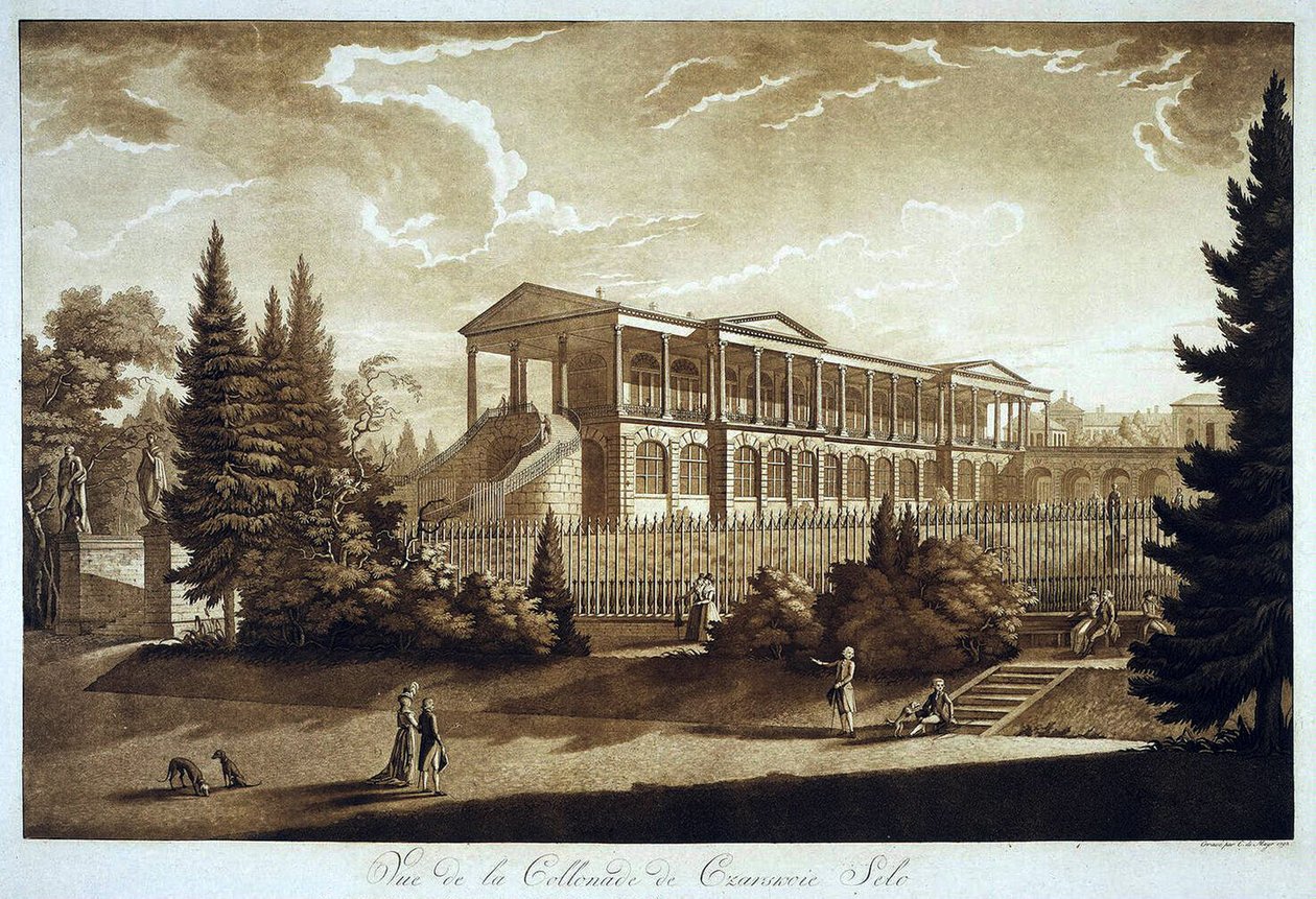 Vista da Galeria Cameron em Tsarskoe Selo, 1793 (aquatint) de Johann Christoph Mayr