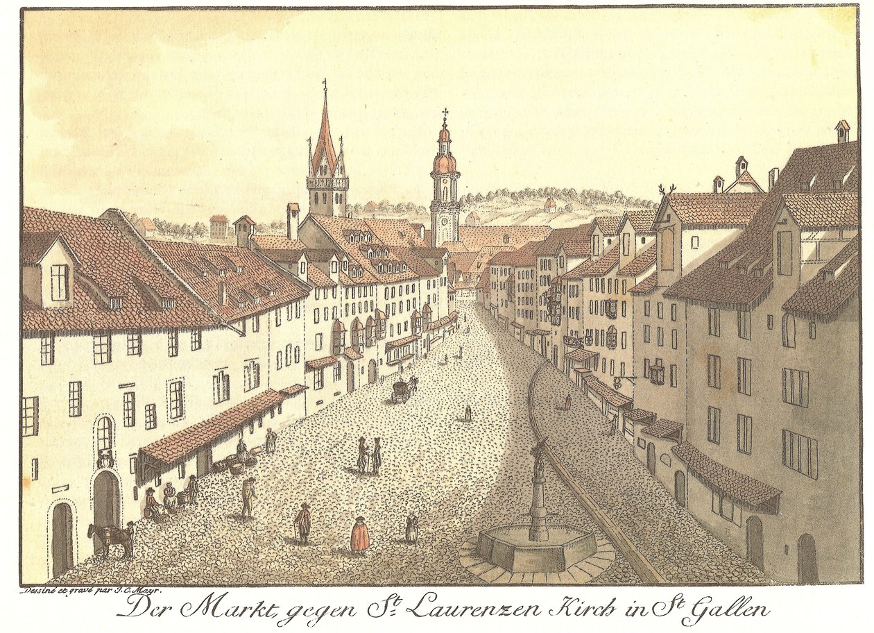 O mercado contra a Igreja St. Laurenzen em St. Gallen (título original) de Johann Conrad Mayr