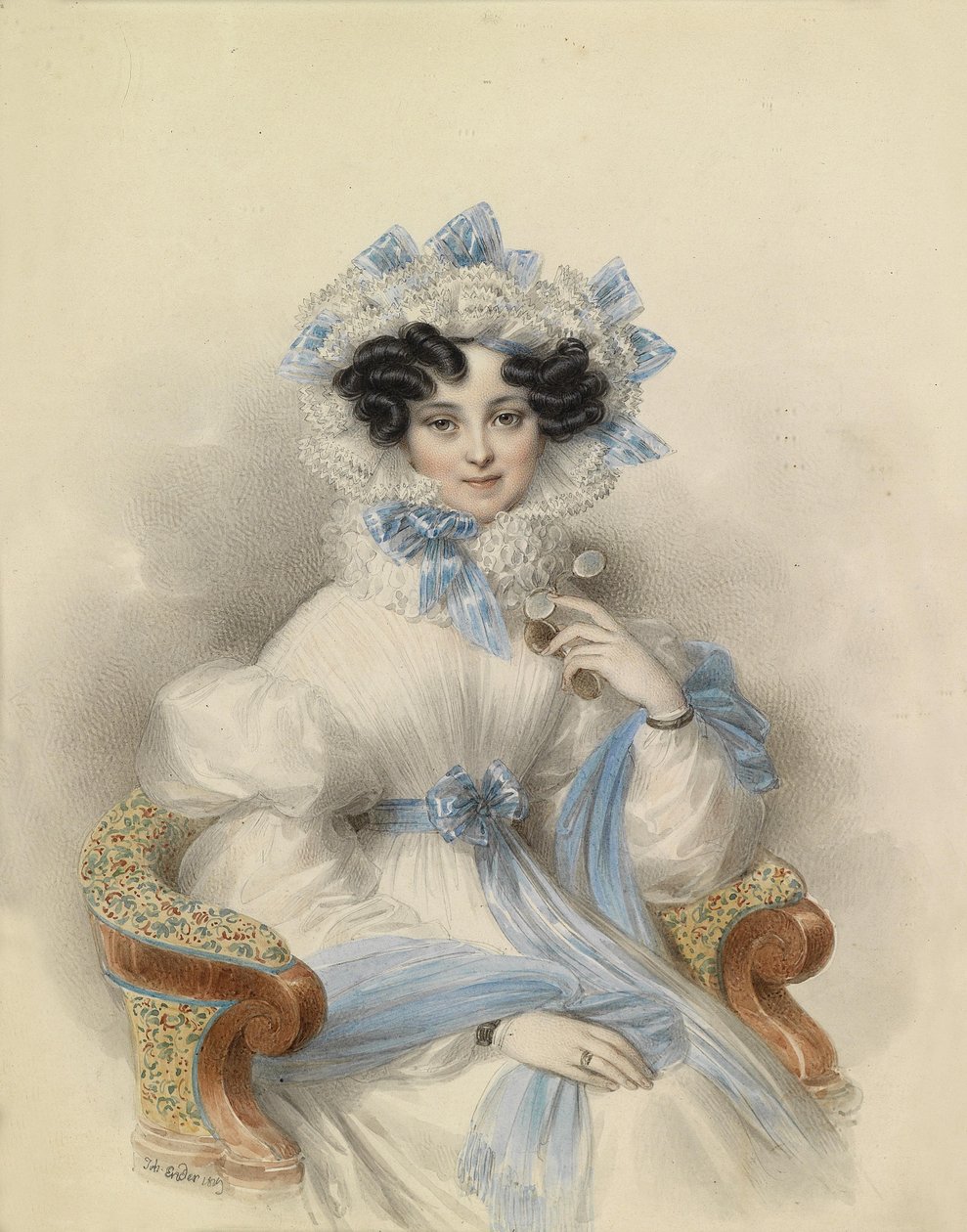 Retrato da arquiduquesa Henriette da Áustria em um vestido branco com laços azuis, sentado em uma poltrona de Johann Ender