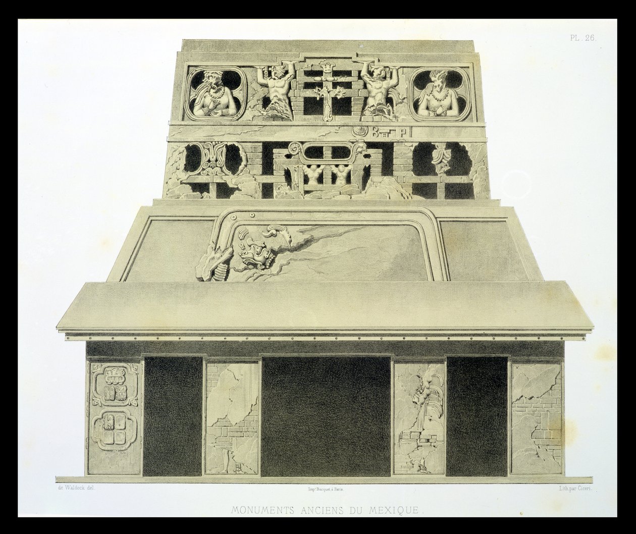 Fachada do Templo do Sol, Palenque, placa 26 de &39;Monumentos antigos do México&39;, gravada por Eugene Ciceri (1813-90) 1866 de Johann Friedrich Maximilian von Waldeck