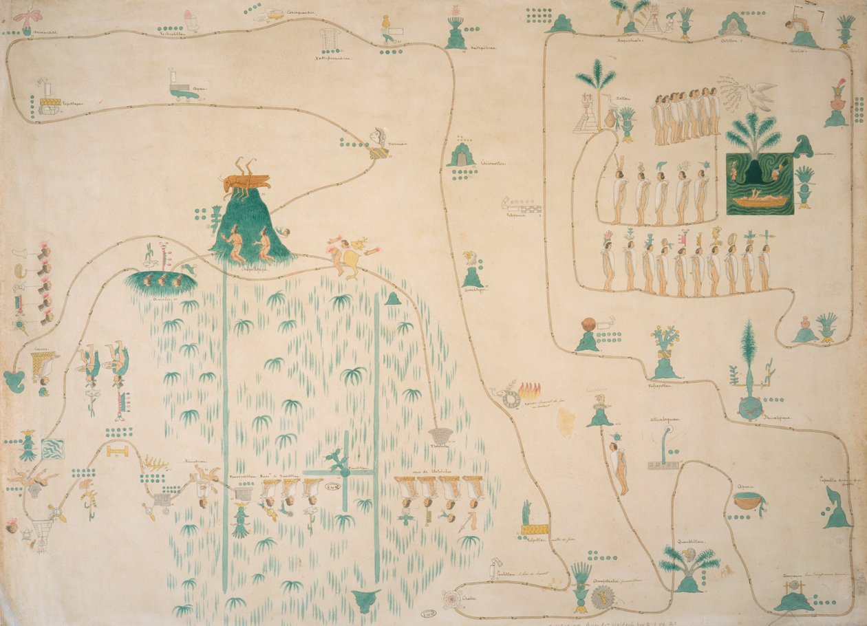 Mapa de glifo da migração asteca de Aztlan para Tenochtitlan, publicado em 1830 de Johann Friedrich Maximilian von Waldeck