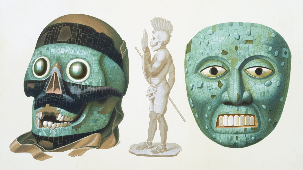 À esquerda: máscara de caveira do deus Tezcatlipoca e à direita: máscara representando o deus Quetzalcoatl ou Tonatiuh, c.1500, placa 43 de "Ancient Monuments of Mexico", gravada por Jehenne, 1866 de Johann Friedrich Maximilian von Waldeck