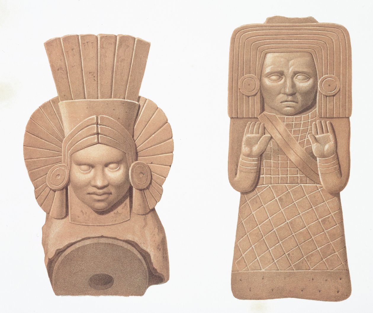 Duas figuras de terracota de mulheres de Palenque, placa de "Monumentos antigos do México", gravada por Bachelier, 1866 de Johann Friedrich Maximilian von Waldeck