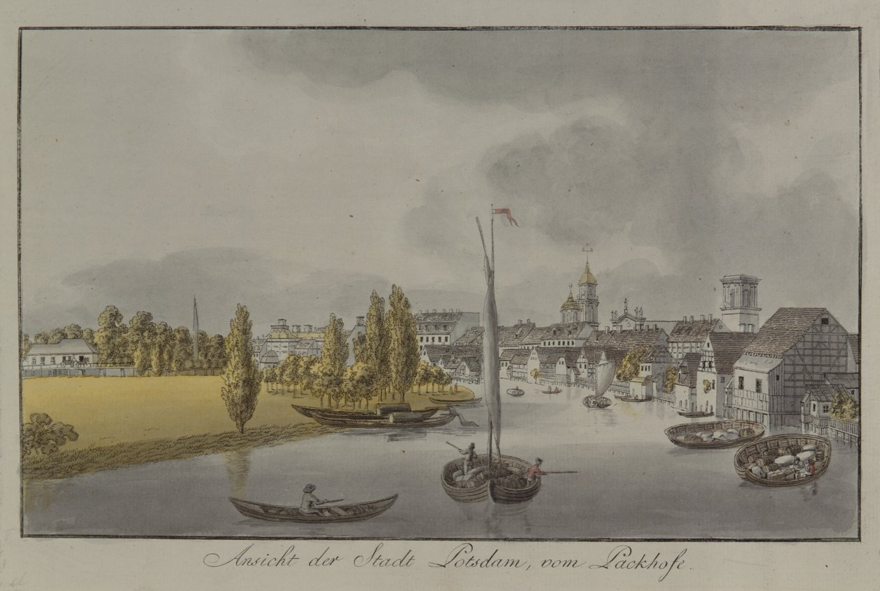 Vista de Potsdam, c. 1796 (gravura colorida à mão) de Johann Friedrich Nagel