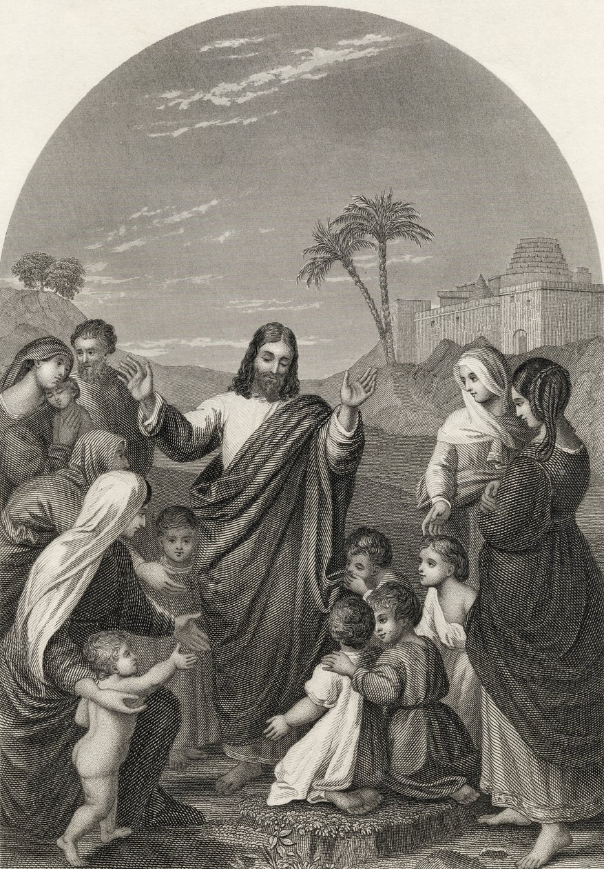 Cristo abençoando as criancinhas, gravadas por S. Allen, da &39;The National Illustrated Family Bible&39;, publicada em 1870 de Friedrich Overbeck