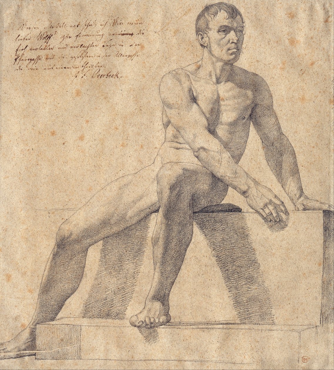 Macho nu sentado em um pedestal de Friedrich Overbeck