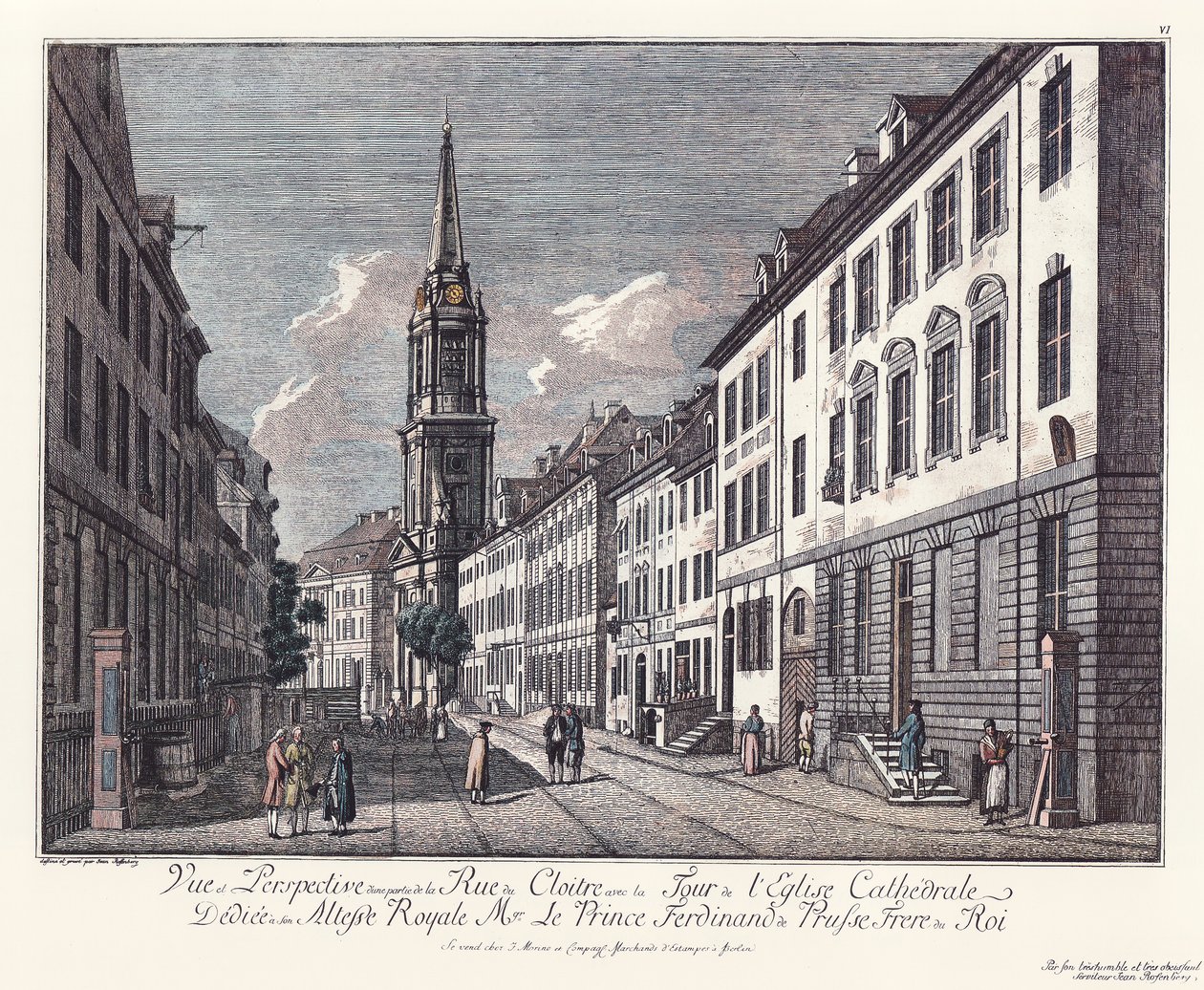 Vista para a Klosterstraße com a Parochialkirche, antiga Berlim de Johann Georg Rosenberg