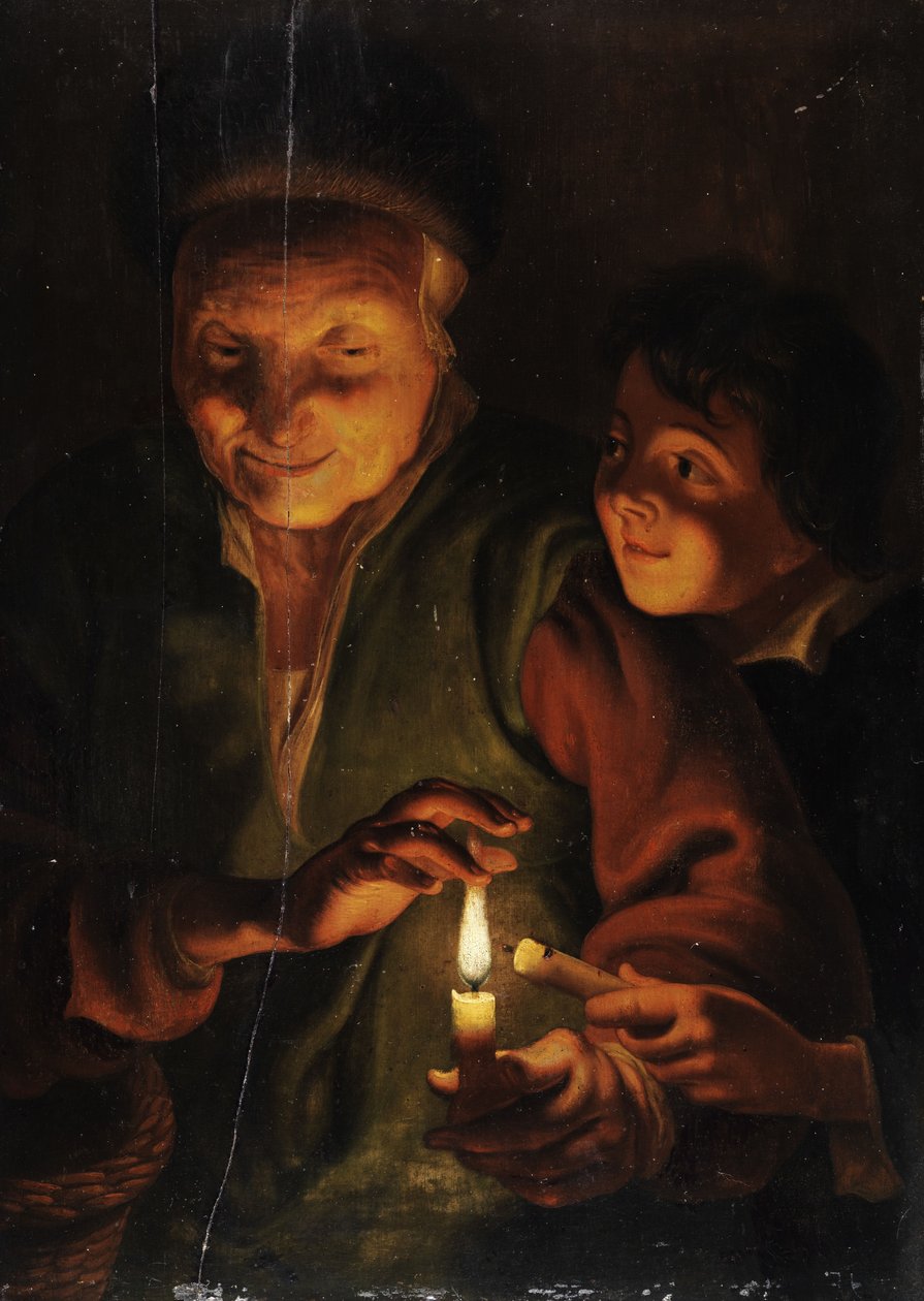 Mulher velha com menino à luz de velas de Johann Georg Trautmann