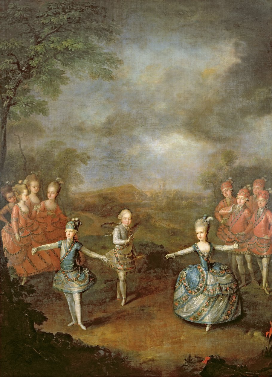 Maria Antonieta e suas irmãs em &39;Il Trionfo dell&39; Amore, tocaram no dia 25 de janeiro no Palácio de Schoenbrunn, 1765, 1778 de Johann Georg Weikert